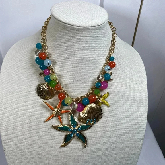 Colorful Starfish and Shell Necklace gold plated findings & chain - Picture 1 of 4
